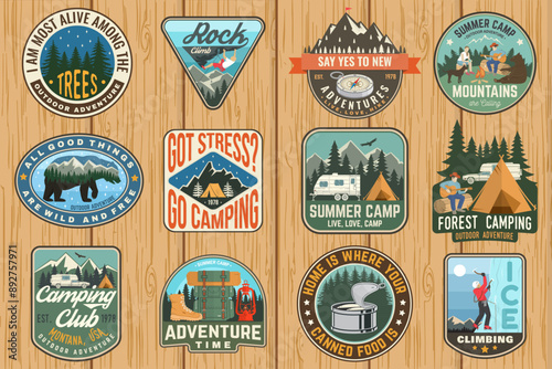 Set of Rock Climbing club and summer camp badges. Vector. Concept for shirt or print, stamp, patch. Vintage typography design with camping tent, trailer, camper, climber, carabiner and mountains.