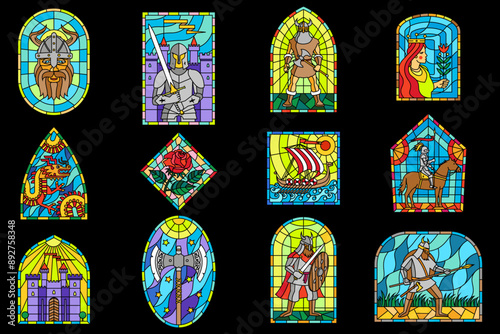 Set of Medieval colorful stained glass window. Colored gothic mosaic decoration for interior. Vector illustration. Vikings, knights, princess, rose, dragon