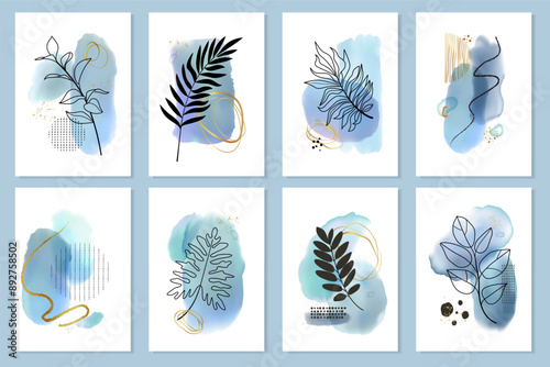 Watercolor paint brush stroke. Gold watercolour abstract pastel splash, stain shape and logo elements. Black line leaves and flowers. Posters, flyer or cover set. Vector minimalist background