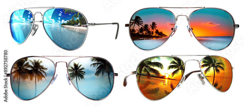 Set of stylish aviator sunglasses reflecting tropical beach scenes, cut out