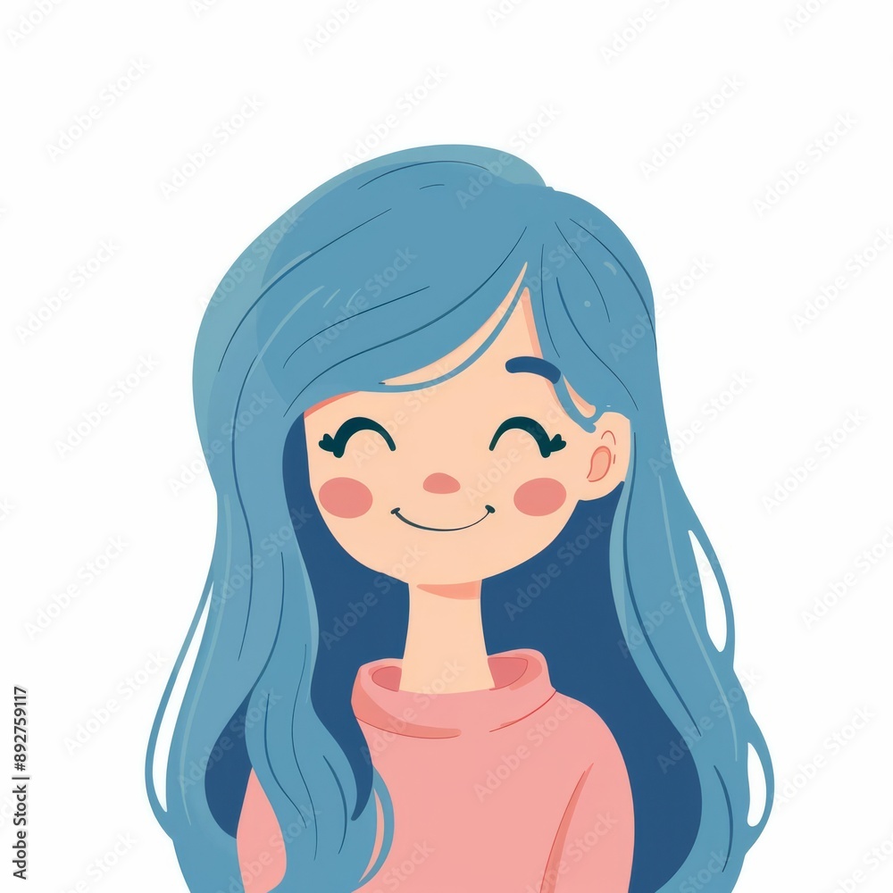 Minimalist flat design of a cartoon girl with blue hair and pink garments, smiling, with simple detailing and a white background Minimalist flat design of a cartoon girl with blue hair and pink garments, smiling, with simple detailing and a white background