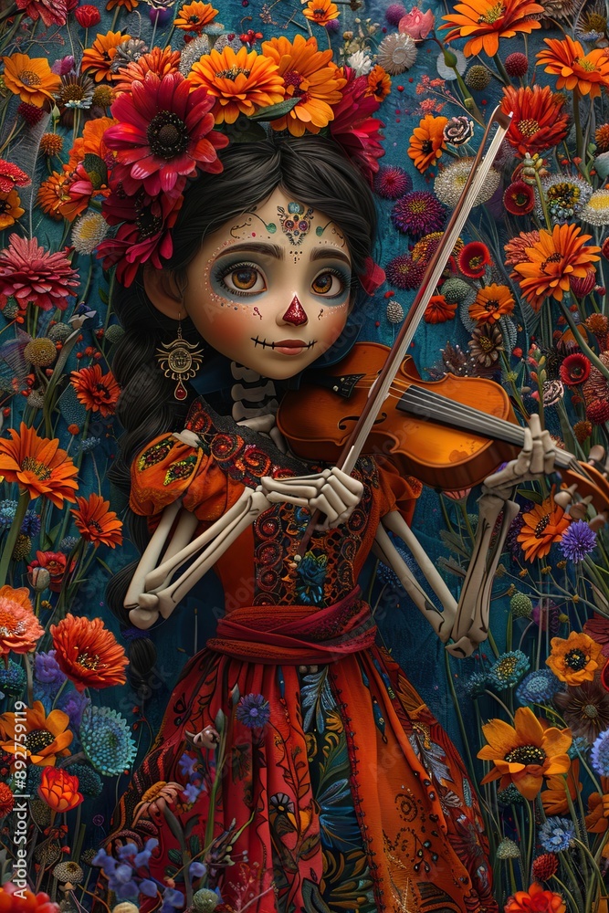 Fototapeta premium Day of the Dead doll with colorful floral decorations