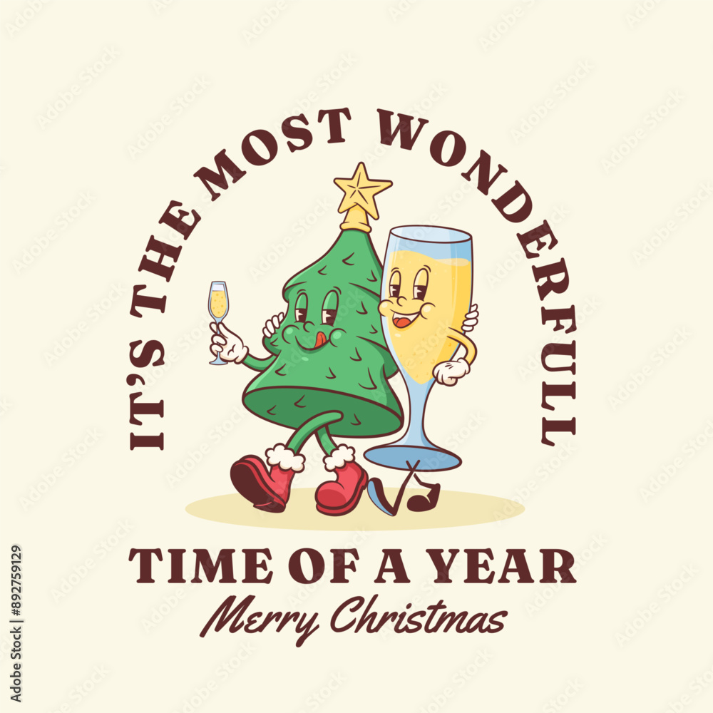 Christmas Groovy Pine Tree and Champagne Glass Retro Characters. Cartoon Xmas Personage Label. Vector Winter Holiday Mascot Template Background. Happy Vintage Cool Illustration Isolated