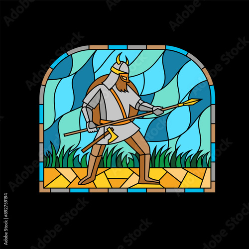 Viking warrior colorful stained glass window. Colored gothic mosaic decoration for interior. Vector illustration.