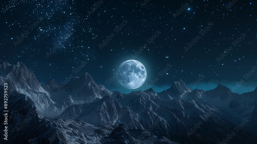 Full moon over snowy mountain range under starry sky Full moon over snowy mountain range under starry sky