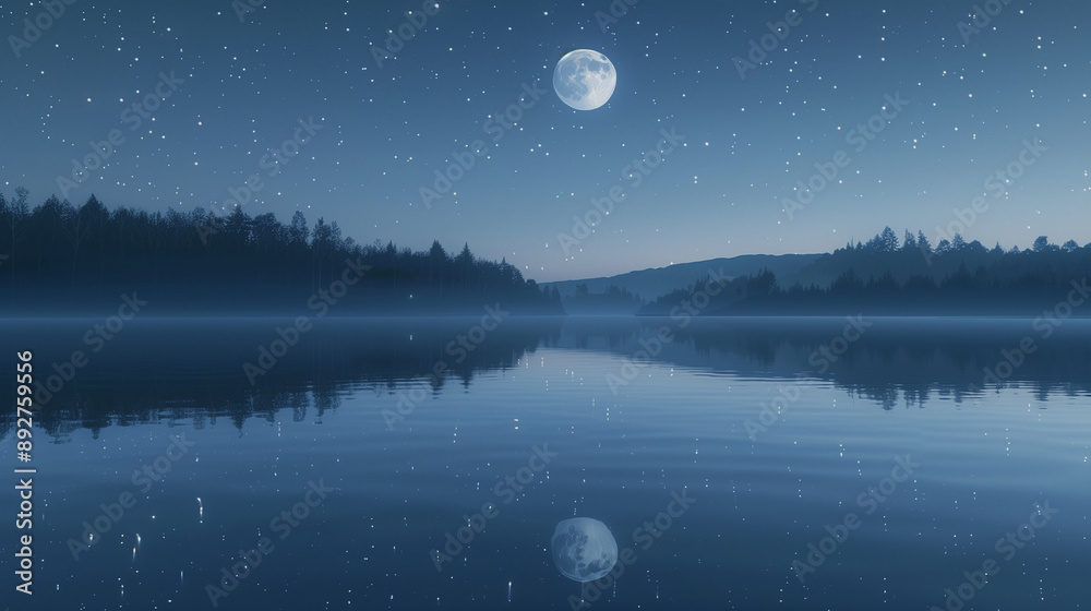 Full moon reflected on calm lake in forest at night Full moon reflected on calm lake in forest at night