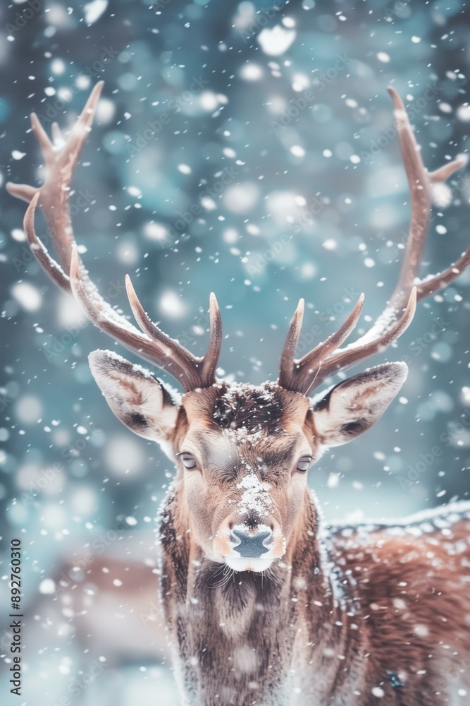 majestic deer with large antlers, standing in a snowy forest. Snowflakes are gently falling, creating a serene winter landscape majestic deer with large antlers, standing in a snowy forest. Snowflakes are gently falling, creating a serene winter landscape