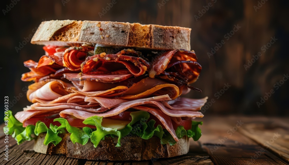 A classic sandwich, layered with meats and vegetables, rests on a rustic wooden table, perfect for a quick bite A classic sandwich, layered with meats and vegetables, rests on a rustic wooden table, perfect for a quick bite