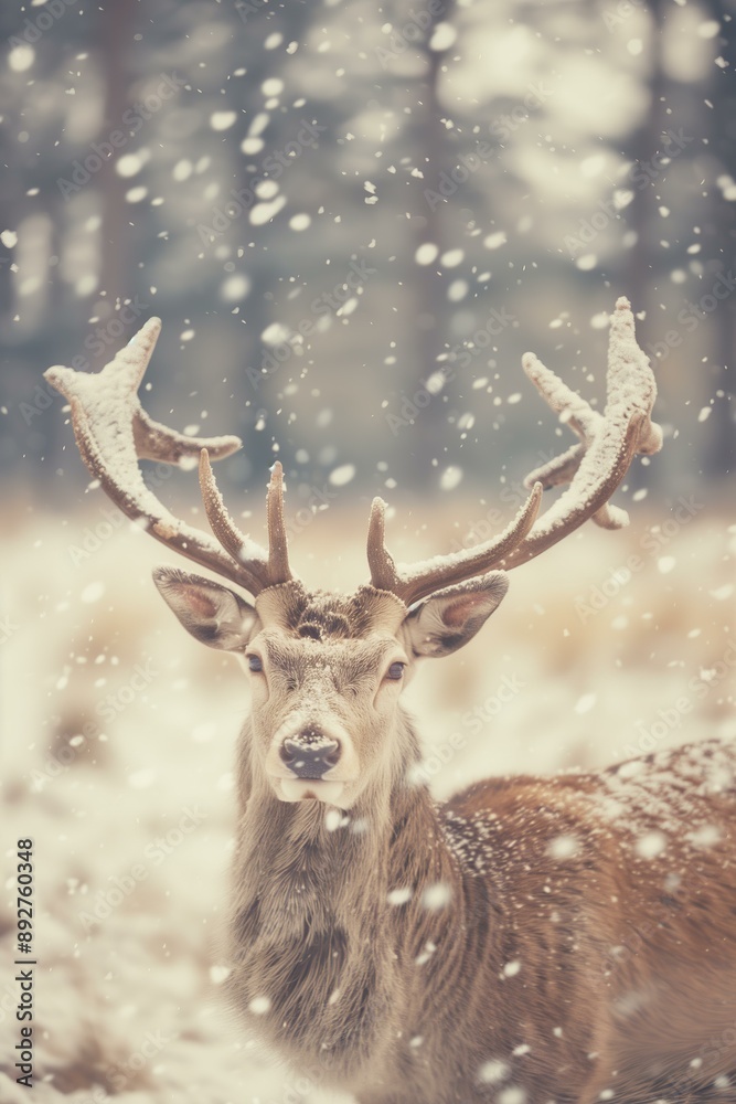 majestic deer with large antlers, standing in a snowy forest. Snowflakes are gently falling, creating a serene winter landscape majestic deer with large antlers, standing in a snowy forest. Snowflakes are gently falling, creating a serene winter landscape