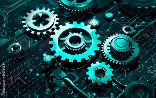 Sophisticated Digital Technology Background with Teal Gears and Cogs on Black, Perfect for Modern Mechanical Concepts
