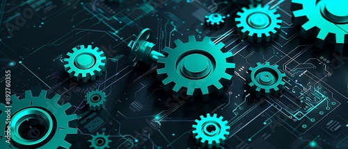 Sophisticated Futuristic Digital Technology Background Featuring Teal Gears and Cogs on Black, Perfect for Advanced Mechanical Concepts
