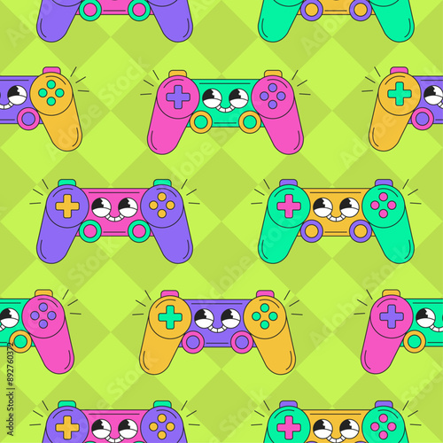 Seamless pattern with a cute colourful joysticks gamepad on a green background with rhombus. Video Game Controller. Vector illustration in flat style.