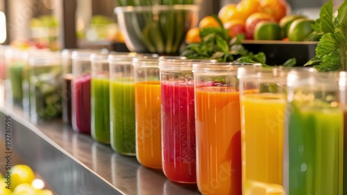 A sleek and wellstocked juice bar offering refreshing postworkout drinks and healthy snacks. photo