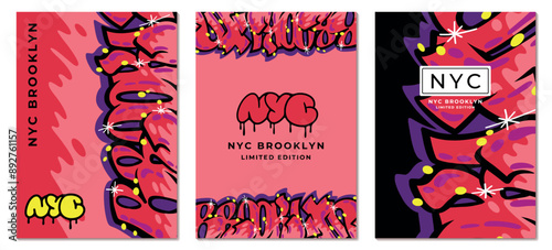Street art background. Urban paint posters. Spray wall pattern in abstract youth style. Brooklyn graffiti. Underground New York lettering. Grunge splatter texture. Vector NYC banners set
