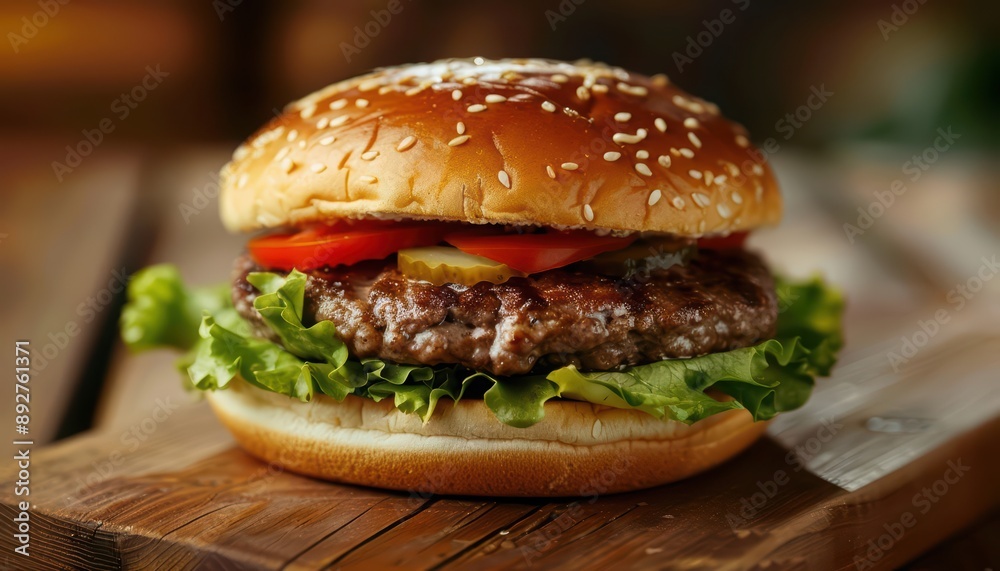 A juicy hamburger, resting on a wooden surface, showcases its savory layers and fresh ingredients, fast food concept A juicy hamburger, resting on a wooden surface, showcases its savory layers and fresh ingredients, fast food concept