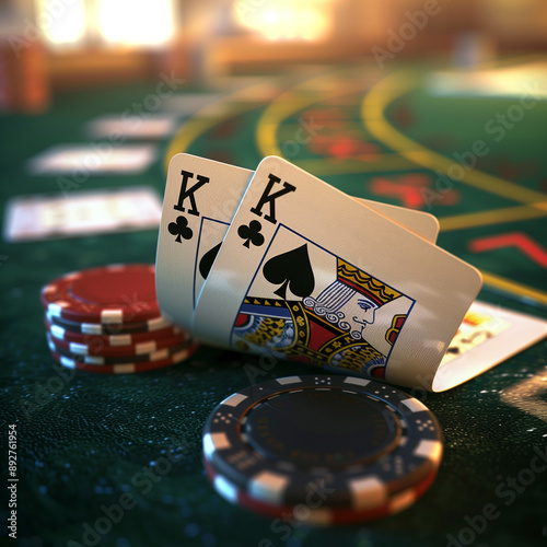 Poker cards and chips on green felt casino table
