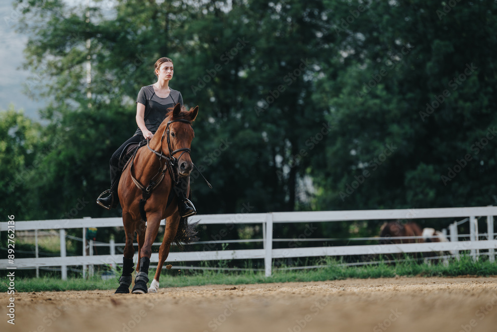 Woman riding horse in outdoor equestrian arena. The scene captures the essence of horse riding and the tranquility of nature. Woman riding horse in outdoor equestrian arena. The scene captures the essence of horse riding and the tranquility of nature.