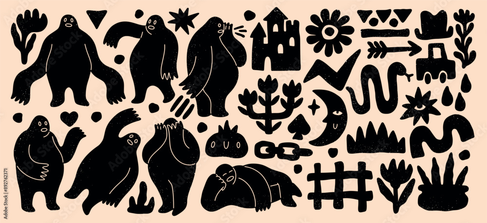 Naklejka premium Abstract people. Doodle shapes. Hand drawn flowers and human bodies. Geometry shadows. Simple faces. Black silhouettes. Modern art. Minimal childish sketch. Vector scribble elements set