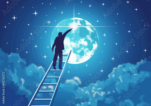 Businessman Climbing Ladder Reaching for Star at Night Inspirational Success Minimalistic Illustration