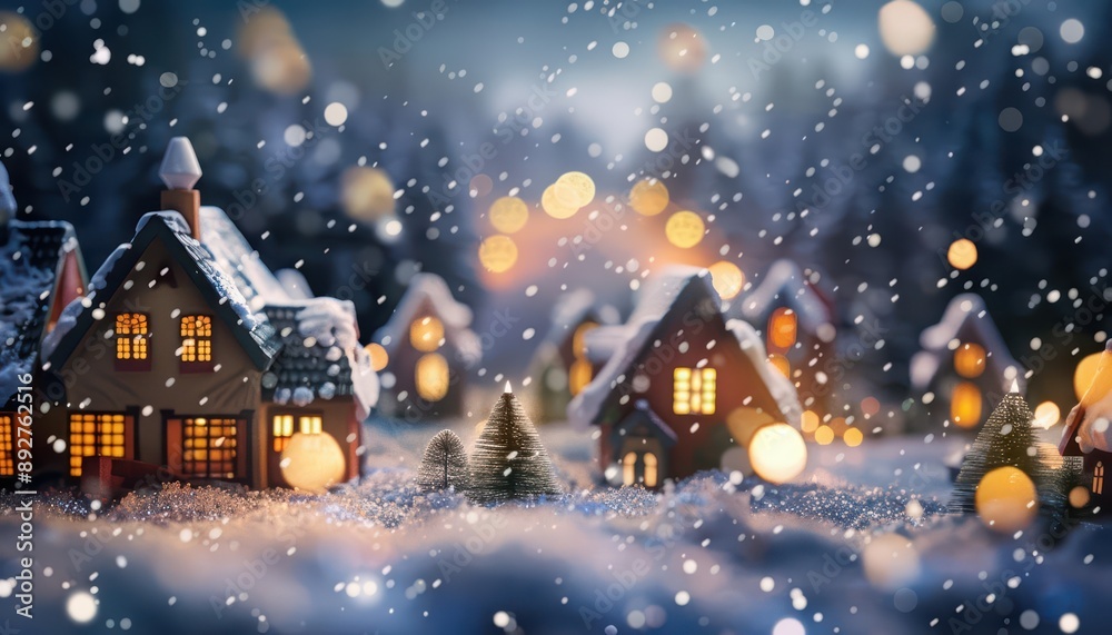 Abstract modern art collage portrait of a winter village with cozy cottages and twinkling lights Abstract modern art collage portrait of a winter village with cozy cottages and twinkling lights