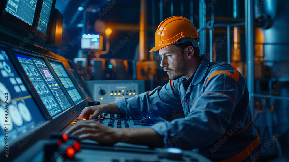 Industrial worker operating control panel in factory Industrial worker operating control panel in factory