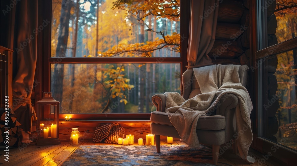 Cozy cabin interior with autumn view Cozy cabin interior with autumn view