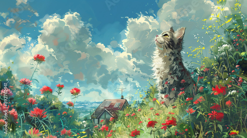 beautiful oil painting inspired cat enjoying life and scenery, impressive design