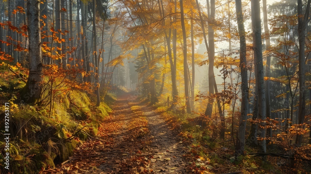 Fototapeta premium Misty forest path with fall foliage