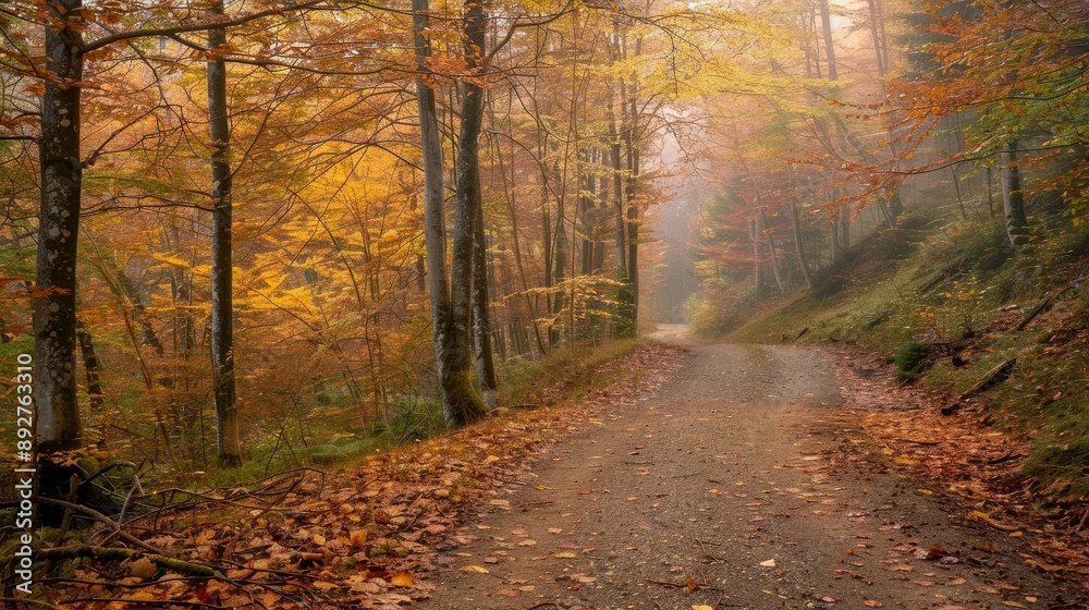 Obraz premium Misty forest path with fall foliage