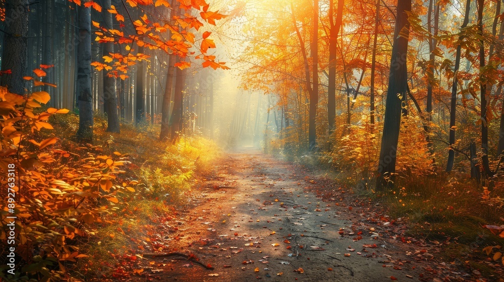 Misty forest path with fall foliage Misty forest path with fall foliage