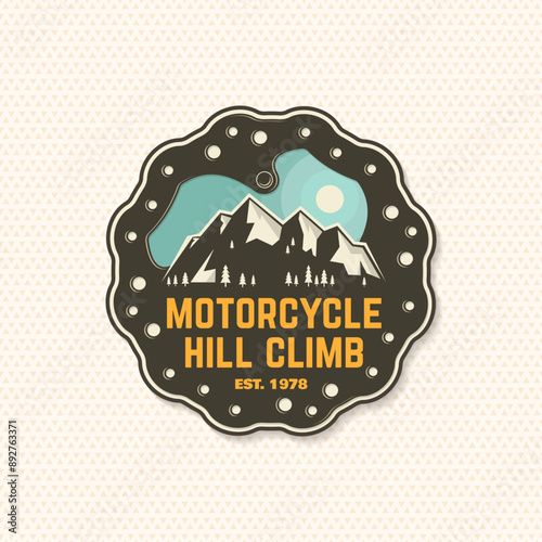 Motorcycle hill climb logo, badge, sticker. Vector illustration. Extreme sport with brake disc in mountains.