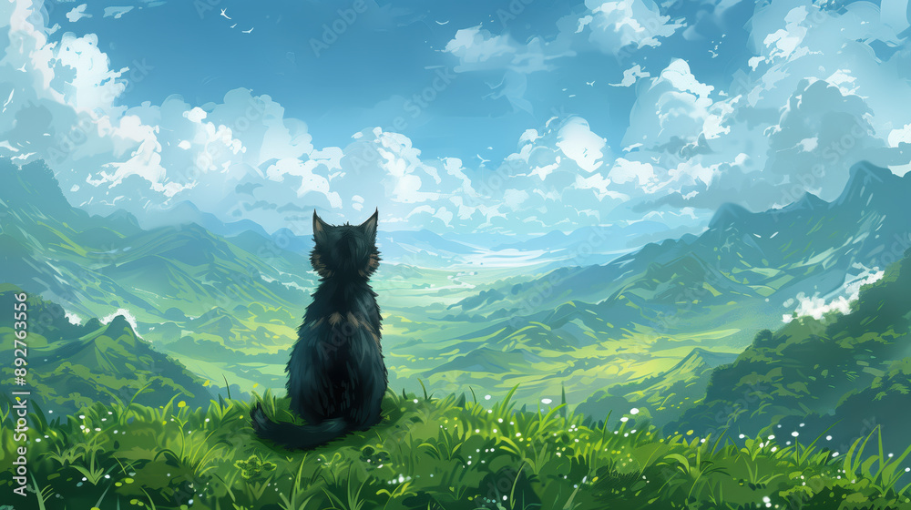 Fototapeta premium cute lovely black anime cat sitting in the alps and watching the scenery, manga wallpaper