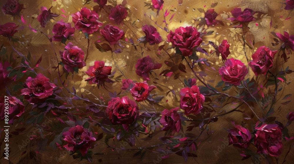 Elegant Crimson Roses on Golden Canvas - Still Life Art Elegant Crimson Roses on Golden Canvas - Still Life Art