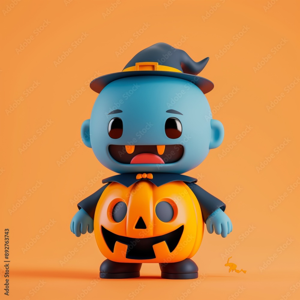 Cute 3d halloween illustration with zombie and pumpkins on orange background, simple rendered halloween theme Cute 3d halloween illustration with zombie and pumpkins on orange background, simple rendered halloween theme