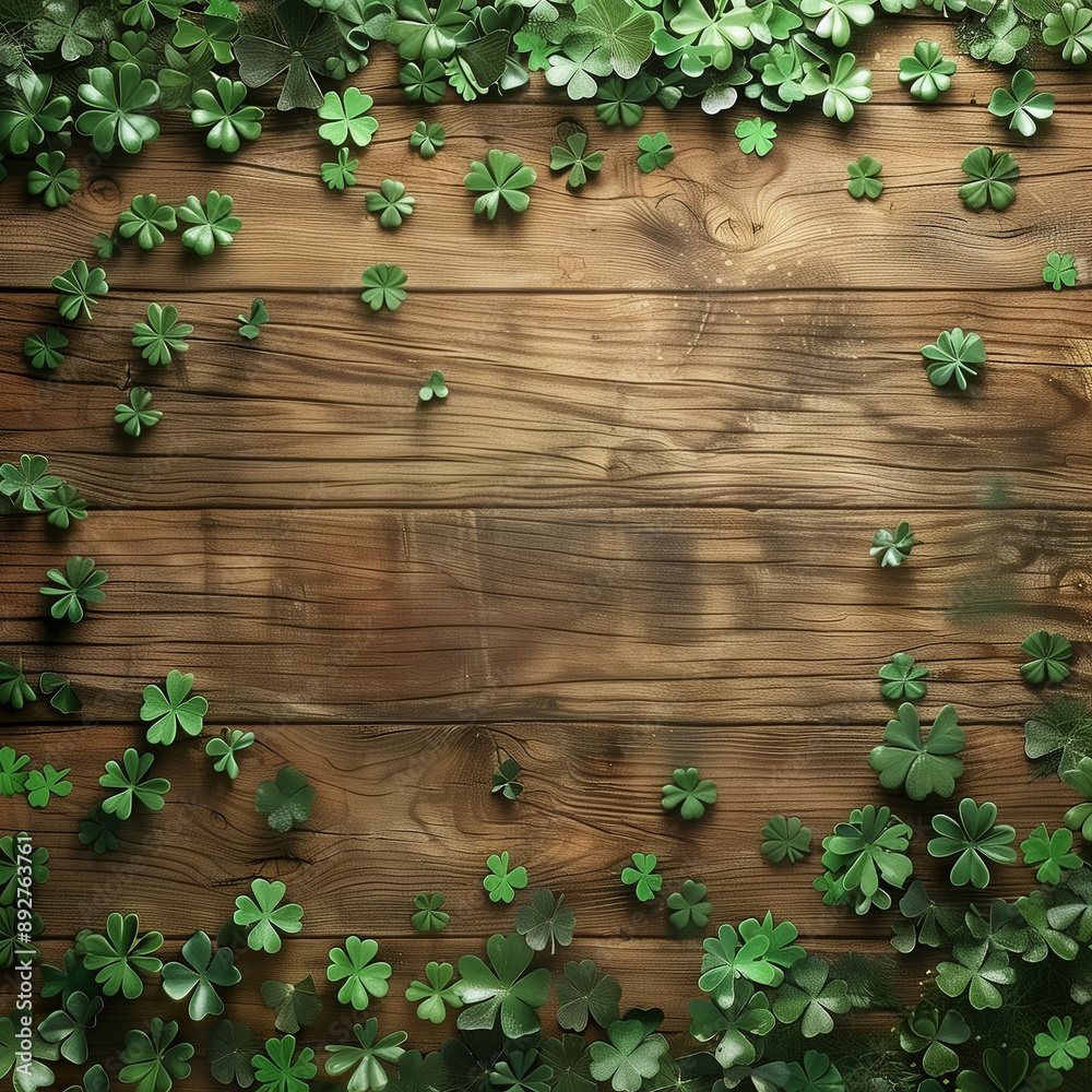 resh green clovers scattered on rustic wooden background with copy space resh green clovers scattered on rustic wooden background with copy space