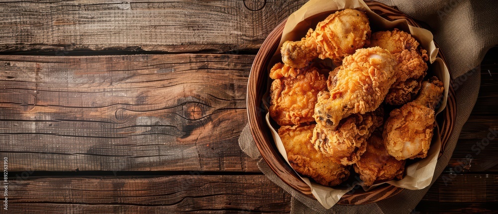 Crispy fried chicken, served on a rustic wooden background, tempts with its goldenbrown texture, fast food concept Crispy fried chicken, served on a rustic wooden background, tempts with its goldenbrown texture, fast food concept