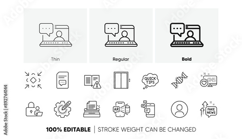 Quick tips, Chemistry dna and Settings gear line icons. Pack of Lock, Minimize, Instruction manual icon. Augmented reality, Lift, Fake news pictogram. Friends chat, Comments, Heart. Line icons. Vector