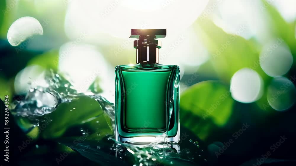Luxury Emerald Men's Perfume Bottle on Tropical Green Leaves Luxury Emerald Men's Perfume Bottle on Tropical Green Leaves