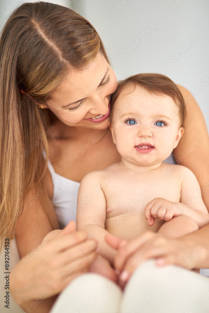 Woman, baby and portrait in home for growth, care and support for learning and relax or kid. Development, hands and family in house or lounge for love, child and mom or together for trust in morning Woman, baby and portrait in home for growth, care and support for learning and relax or kid. Development, hands and family in house or lounge for love, child and mom or together for trust in morning