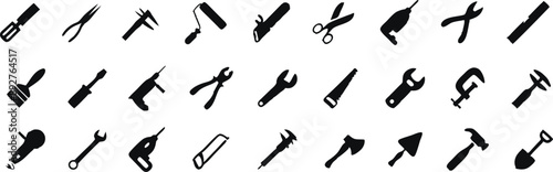 Construction tools icon set. Containing screwdriver, hammer, drill, shovel, concrete mixer, paintbrush, wrench, saw, pliers and more. Solid icons collection, vector illustration.