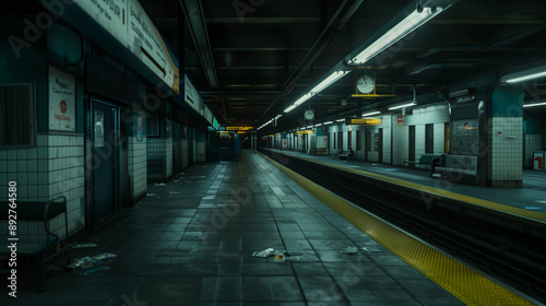Abandoned subway station with illuminated signs and empty tracks