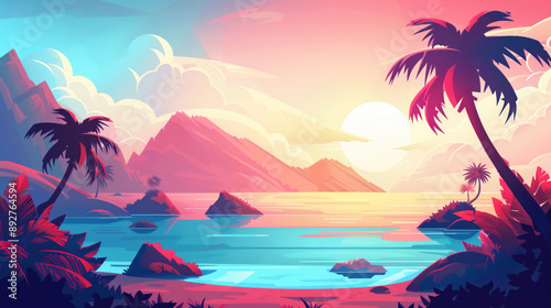 beautiful tropical anime artwork, beach scenery