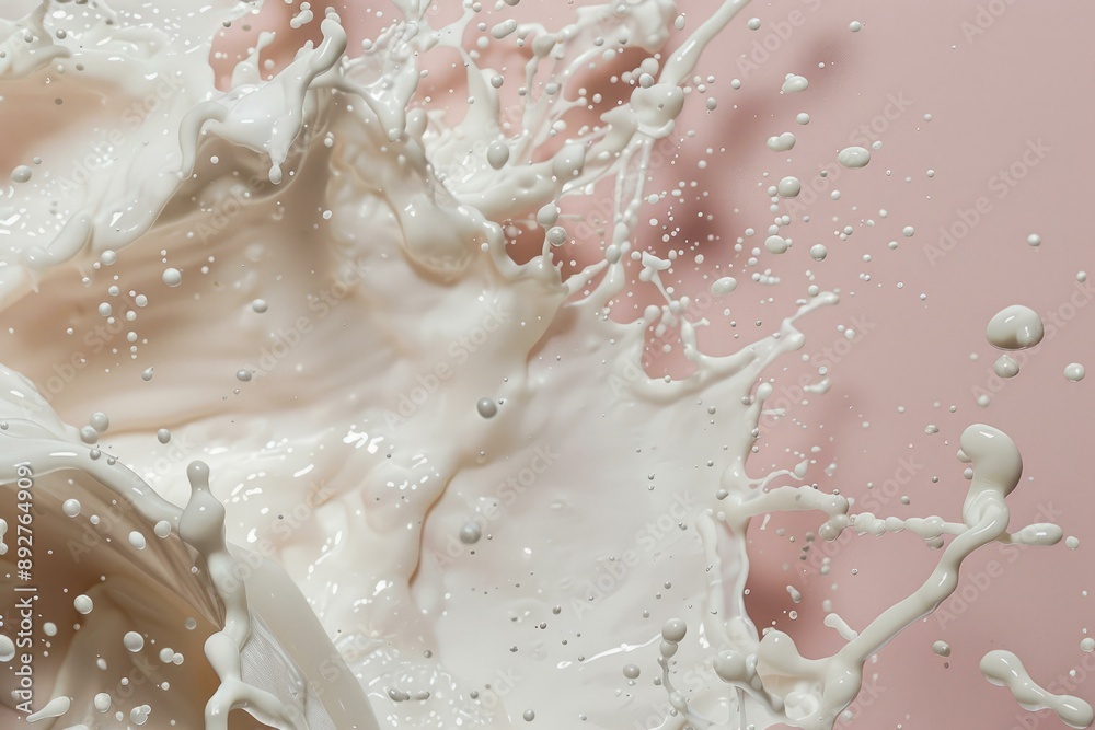Obraz premium Highspeed capture of dynamic white milk droplets and splashes against a soft pink backdrop