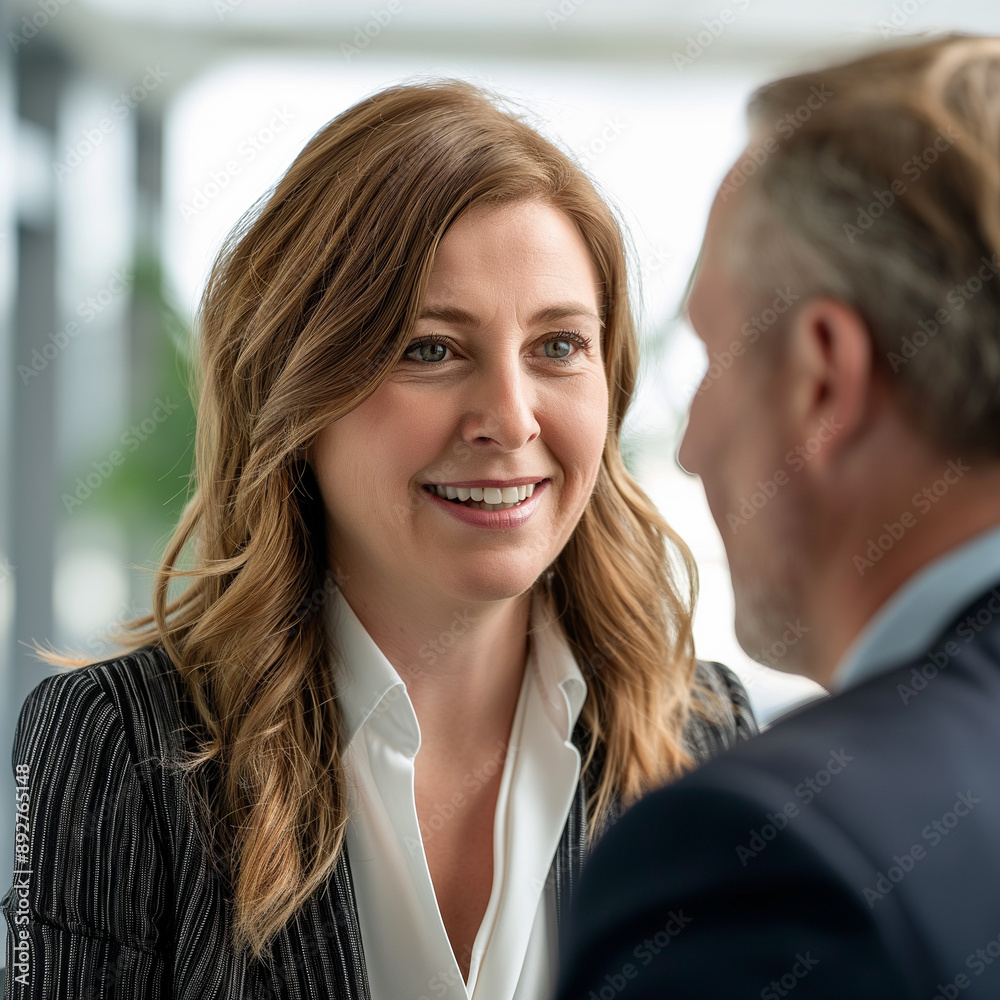 Smiling Businesswoman Engaging in Conversation at Office Smiling Businesswoman Engaging in Conversation at Office