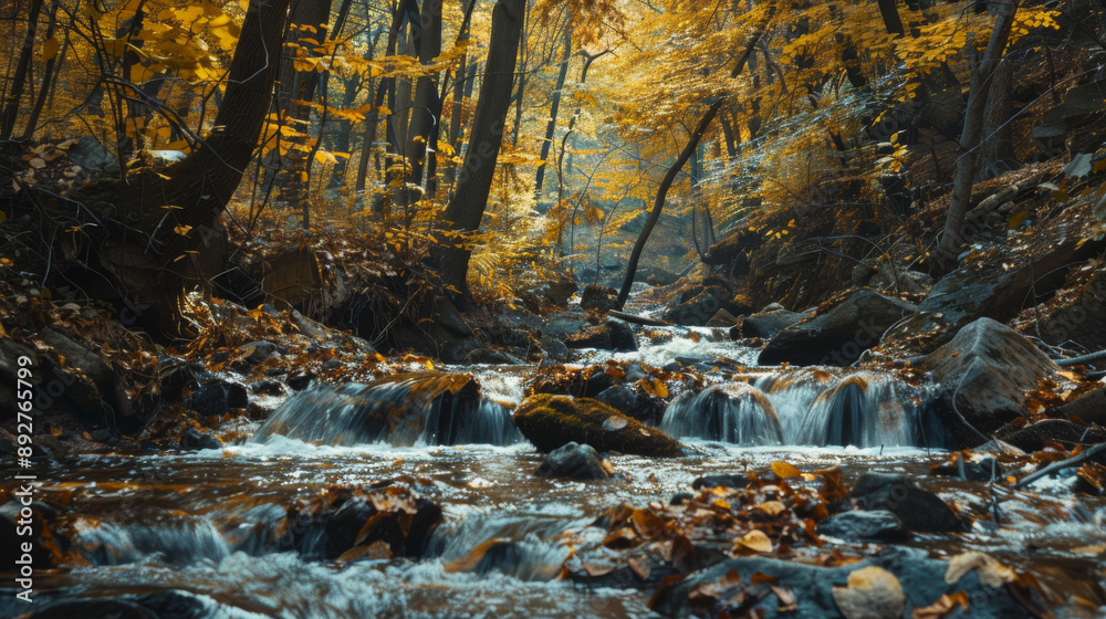 Fototapeta premium Picturesque autumn forest stream flows swiftly down a mountain. The slow shutter speed captures its beauty, creating a magical effect as the water appears to shimmer in the sunlight.