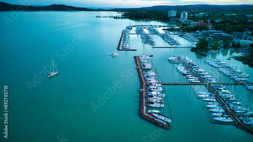 Aerial view of the lakeside at Balatonfüred, Hungary - marina with the yachts and sailboats