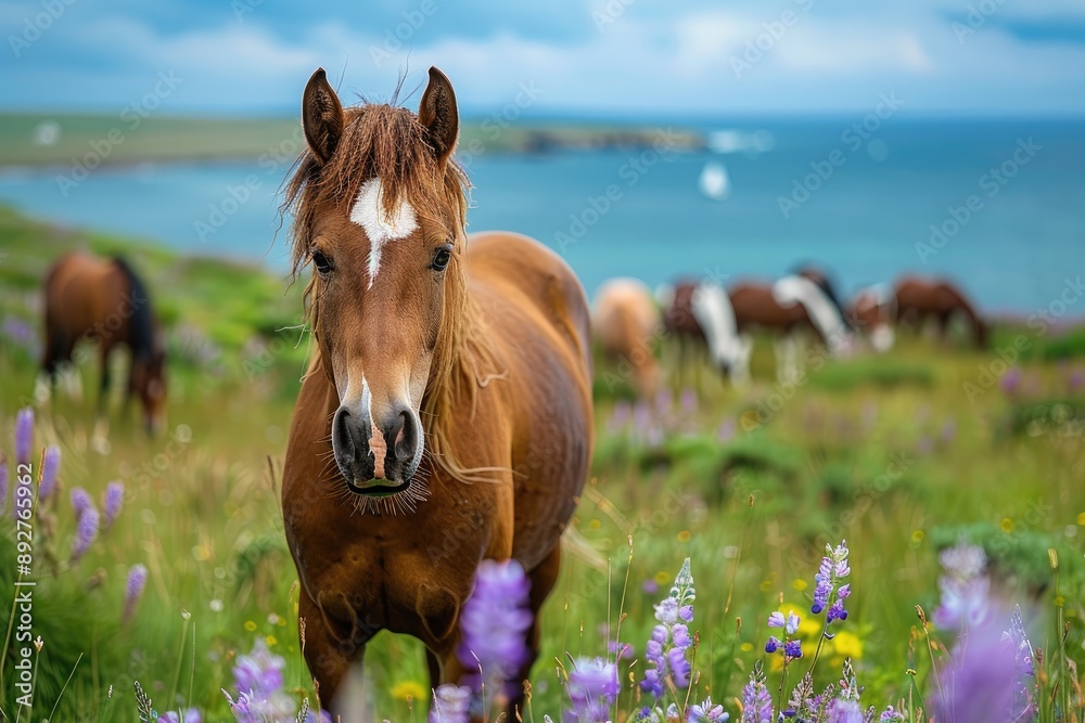 Fototapeta premium Beautiful brown horse standing in a beautiful valley, landscape, mountains , aesthetic view