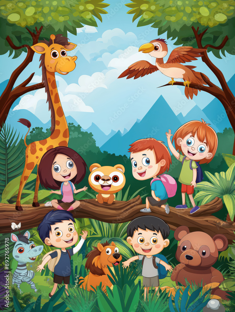 Obraz premium Kids in school wildlife club, nature diorama background, design with message placement --ar 3:4 --style raw Job ID: fc1453d4-7f80-4e87-bea6-1aff9d3ee465