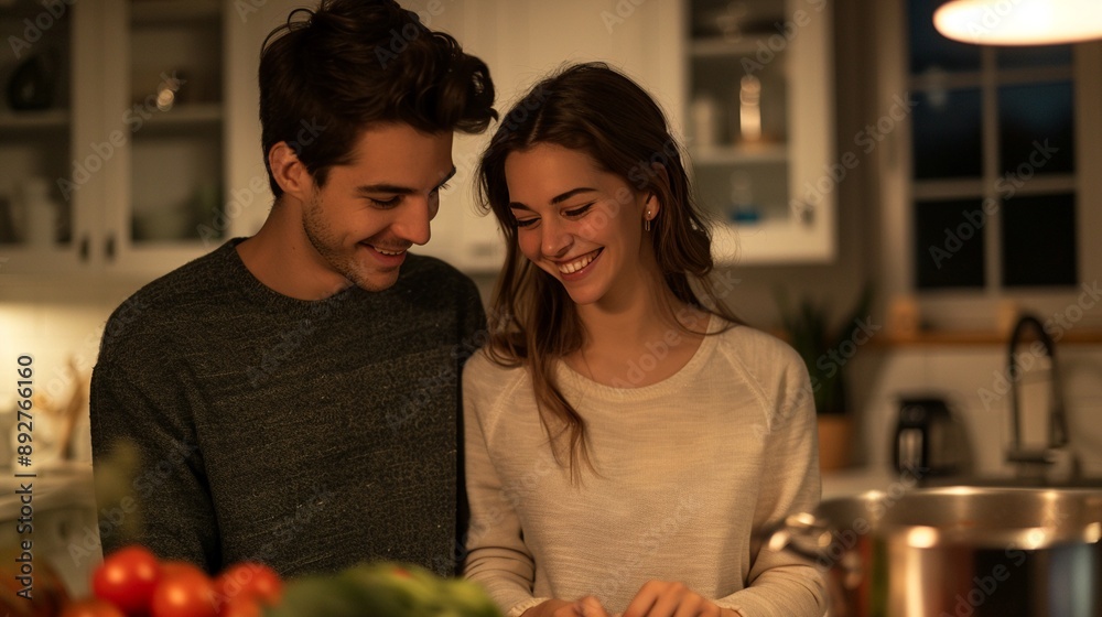 Two lovers preparing a homemade meal together in a cozy kitchen, smiling and close, fresh ingredients on the counter, realistic photo, high resolution Two lovers preparing a homemade meal together in a cozy kitchen, smiling and close, fresh ingredients on the counter, realistic photo, high resolution