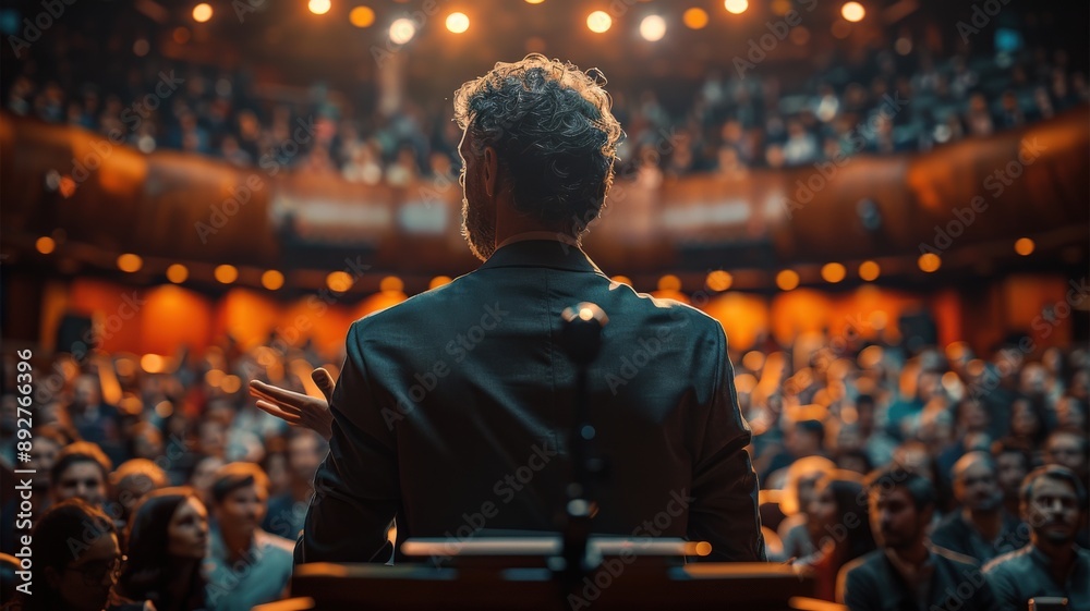 Fototapeta premium Captivating Orator on Stage Addressing a Full House in Grand Auditorium with Intricate Lighting and Eager Audience During Evening EventPublic speaking